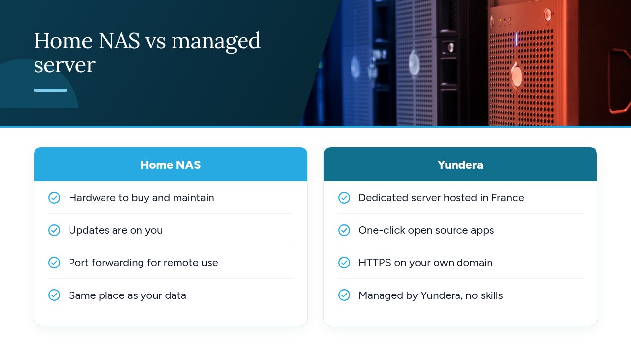 Home NAS vs managed private server — comparison diagram