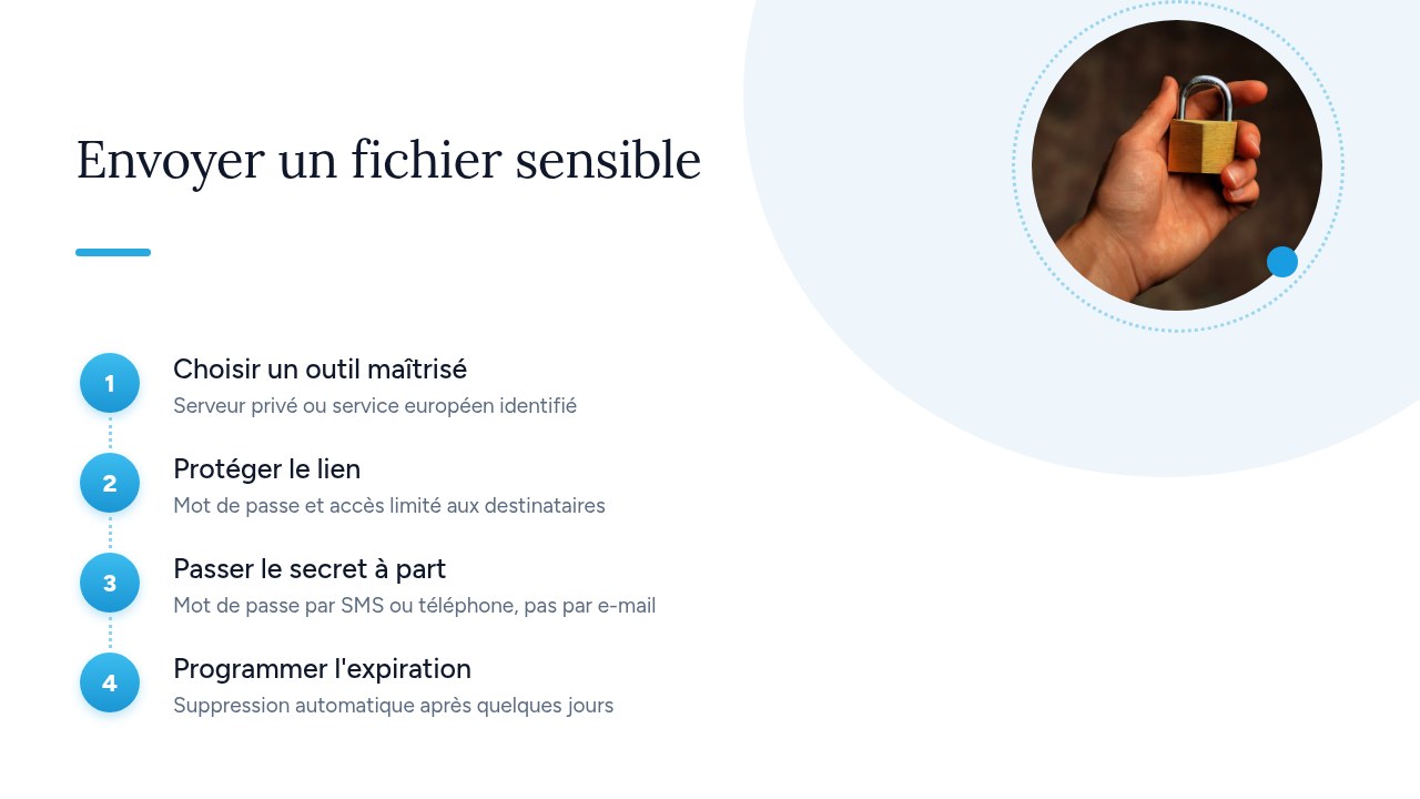 Cadenas posé sur un ordinateur portable, symbole d'un envoi de fichiers sécurisé